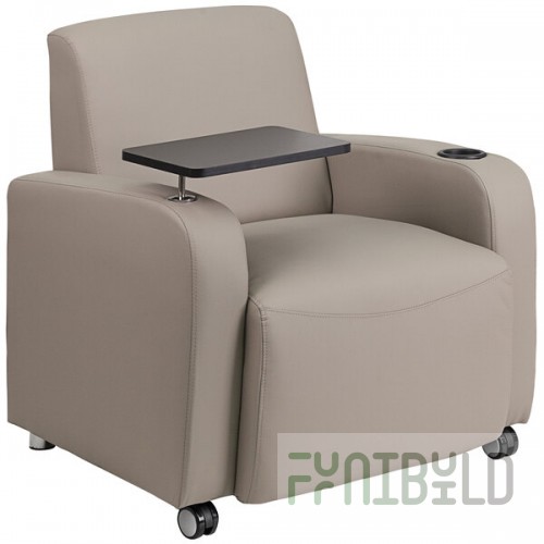 Flash Furniture Gray LeatherSoft Guest Chair with Tablet Arm, Front Casters, and Cup Holder
