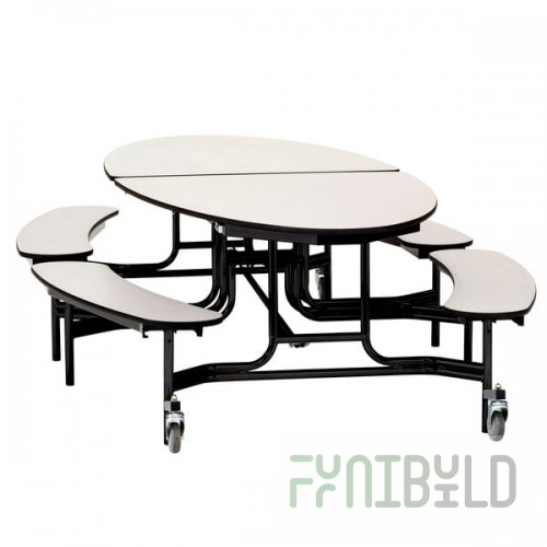 National Public Seating METB-MDPECR 10' Elliptical Mobile MDF Cafeteria Table with Chrome Frame, ProtectEdge, and 4 Benches