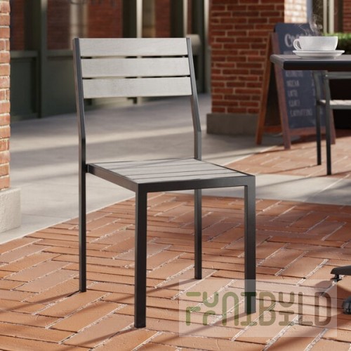 Lancaster Table & Seating Axel Black Powder-Coated Outdoor Chair with Gray Faux Teak Slat Seat