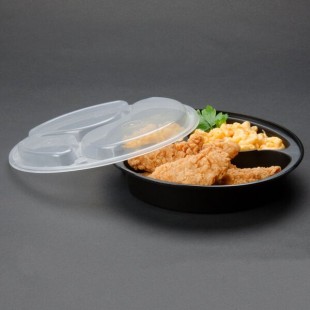 Pactiv Newspring NC9388B Black 39 oz. VERSAtainer Round Microwavable 3 Compartment Container with Lid - 150/Case Pactiv Newspring NC9388B Black 39 oz. VERSAtainer Round Microwavable 3 Compartment Container with Lid - 150/Case