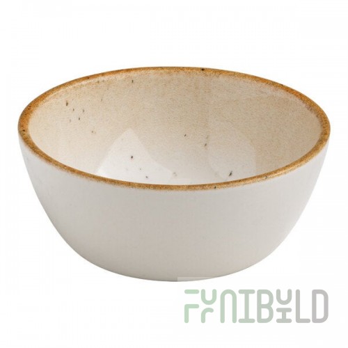 Ariane Cruise Amalfi 4.06 oz. Round White Porcelain Ramekin with Blue Floral Center and Tan Rim - 12/Case