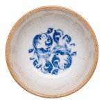 Ariane Cruise Amalfi 4.06 oz. Round White Porcelain Ramekin with Blue Floral Center and Tan Rim - 12/Case