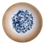 Ariane Cruise Amalfi 4.06 oz. Round White Porcelain Ramekin with Blue Floral Center and Tan Rim - 12/Case
