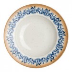 Ariane Cruise Amalfi 4.06 oz. Round White Porcelain Ramekin with Blue Floral Center and Tan Rim - 12/Case