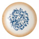 Ariane Cruise Amalfi 4.06 oz. Round White Porcelain Ramekin with Blue Floral Center and Tan Rim - 12/Case