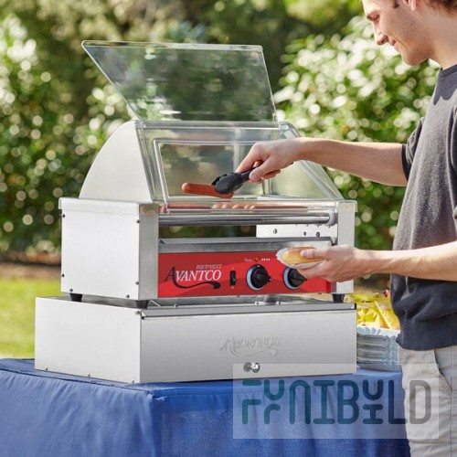 Avantco RG1818K2 18 Hot Dog Roller Grill with 7 Rollers, Sneeze Guard, and 64 Bun Cabinet - 120V, 590W
