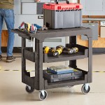 Lavex Medium Black 3-Shelf Utility Cart with Flat Top and Built-In Tool Compartment - 38