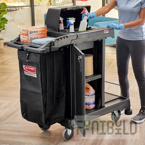Suncast CCH225A Black High Security Janitor / Housekeeping Cart with Bag, Lockable Hood, and Non-Marring Wall Bumpers