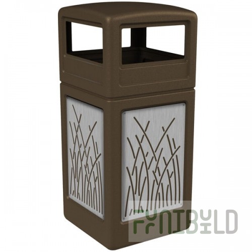 Commercial Zone 732916299 42 Gallon Brown Square Trash Can with Stainless Steel Reed Panels and Dome Lid