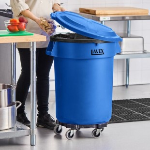 Lavex 32 Gallon Blue Round Commercial Trash Can with Lid and Dolly