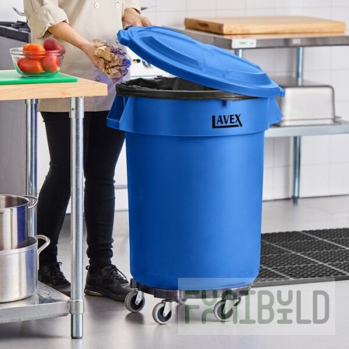 Lavex 32 Gallon Blue Round Commercial Trash Can with Lid and Dolly