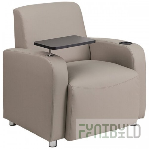 Flash Furniture Gray LeatherSoft Guest Chair with Tablet Arm, Chrome Legs, and Cup Holder