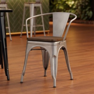Lancaster Table & Seating Alloy Silver Indoor Arm Chair with Walnut Wood Seat