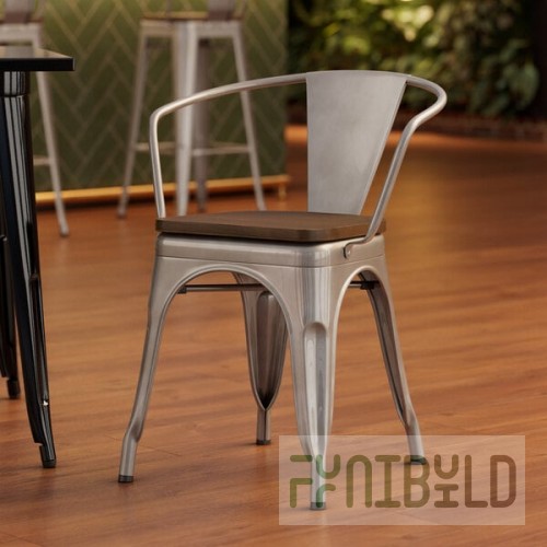 Lancaster Table & Seating Alloy Silver Indoor Arm Chair with Walnut Wood Seat