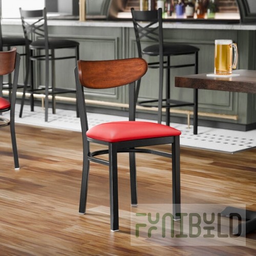 Lancaster Table & Seating Boomerang Black Finish Chair with Red Vinyl Seat and Antique Walnut Wood Back