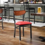 Lancaster Table & Seating Boomerang Black Finish Chair with Red Vinyl Seat and Antique Walnut Wood Back Lancaster Table & Seating Boomerang Black Finish Chair with Red Vinyl Seat and Antique Walnut Wood Back