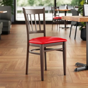 Lancaster Table & Seating Spartan Metal Slat Back Chair with Dark Walnut Wood Grain Finish and Red Vinyl Seat - Detached Seat Lancaster Table & Seating Spartan Metal Slat Back Chair with Dark Walnut Wood Grain Finish and Red Vinyl Seat - Detached Seat