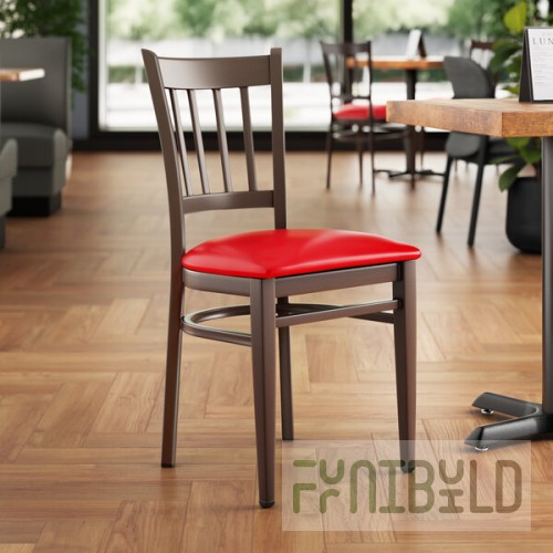 Lancaster Table & Seating Spartan Metal Slat Back Chair with Dark Walnut Wood Grain Finish and Red Vinyl Seat - Detached Seat
