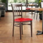 Lancaster Table & Seating Spartan Metal Slat Back Chair with Dark Walnut Wood Grain Finish and Red Vinyl Seat - Detached Seat