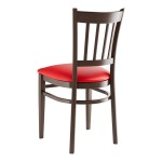 Lancaster Table & Seating Spartan Metal Slat Back Chair with Dark Walnut Wood Grain Finish and Red Vinyl Seat - Detached Seat