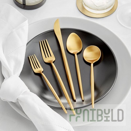 Acopa Odin Gold 18/8 Brushed Stainless Steel Extra Heavy Weight Forged Flatware 5-Piece Set - Sample