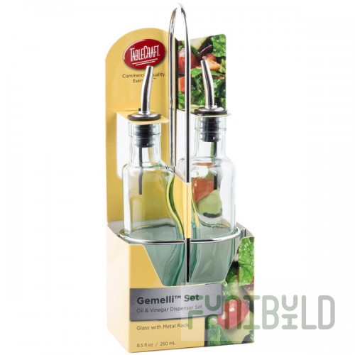 TableCraft Gemelli 8.5 oz. Green Tinted Glass Oil and Vinegar Cruet Set with Chrome Rack - 6/Case