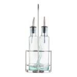 TableCraft Gemelli 8.5 oz. Green Tinted Glass Oil and Vinegar Cruet Set with Chrome Rack - 6/Case TableCraft Gemelli 8.5 oz. Green Tinted Glass Oil and Vinegar Cruet Set with Chrome Rack - 6/Case