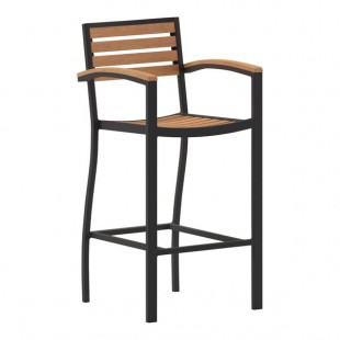 Flash Furniture Lark Natural Faux Teak Slat Stackable Barstool with Arms Flash Furniture Lark Natural Faux Teak Slat Stackable Barstool with Arms