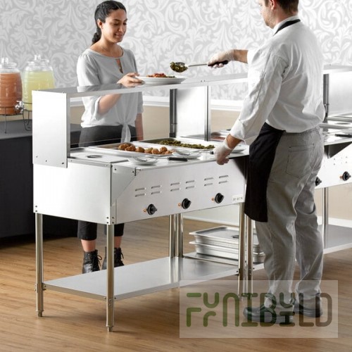 Avantco STE-3SG Three Pan Open Well Electric Steam Table with Undershelf, Overshelf, and Sneeze Guard - 120V, 1500W