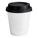 Choice 10 oz. Double Wall Ripple White Paper Hot Cup and Black Lid - 100/Case Choice 10 oz. Double Wall Ripple White Paper Hot Cup and Black Lid - 100/Case
