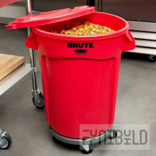 Rubbermaid® BRUTE 32 Gallon Red Round Trash Can with Lid and Dolly
