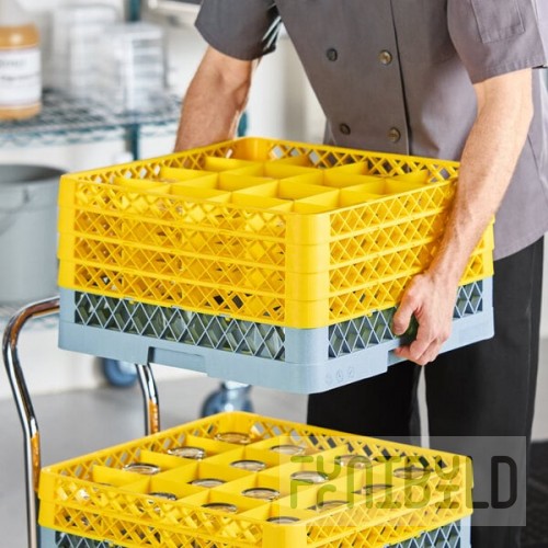 Noble Warewashing 16-Compartment Gray Full-Size Glass Rack with 4 Yellow Extenders