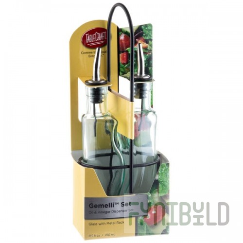 TableCraft Gemelli 8.5 oz. Green Tinted Glass Oil and Vinegar Cruet Set with Black Rack - 6/Case