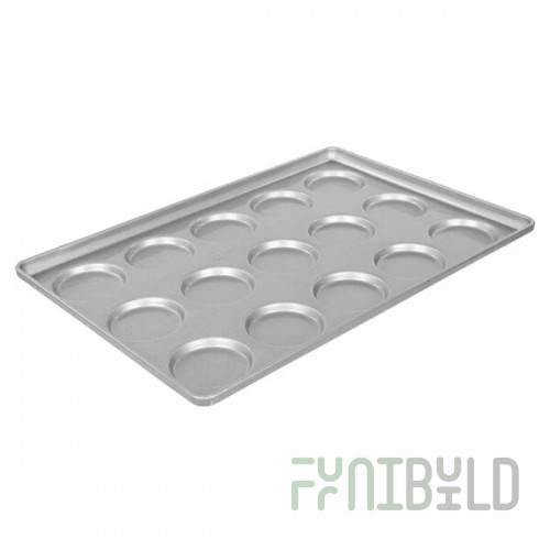 Chicago Metallic 41002 Glazed Aluminized Steel 15 Mold 3.32 oz. Individual Hamburger Bun / Muffin Top / Cookie Pan - 17 3/4