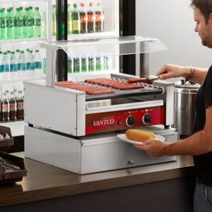 Avantco 30 Hot Dog Non-Stick Roller Grill with Pass-Through Canopy and 100 Bun Cabinet