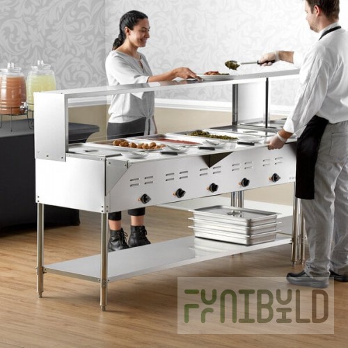 Avantco STE-5SG Five Pan Open Well Electric Steam Table with Undershelf, Overshelf, and Sneeze Guard - 208/240V, 3750W
