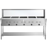 Avantco STE-5SG Five Pan Open Well Electric Steam Table with Undershelf, Overshelf, and Sneeze Guard - 208/240V, 3750W