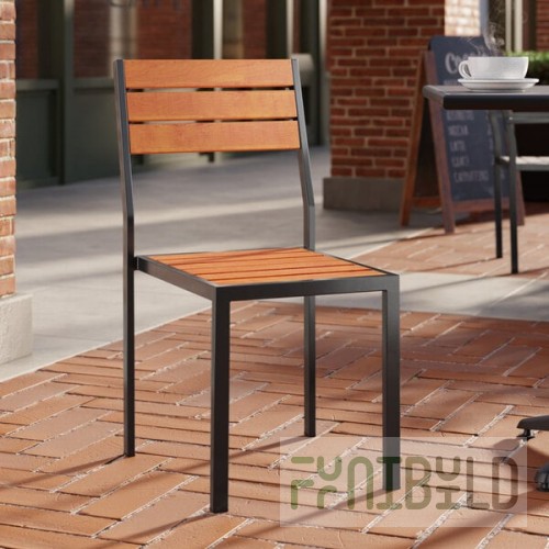 Lancaster Table & Seating Axel Black Powder-Coated Outdoor Chair with Brown Faux Teak Slat Seat