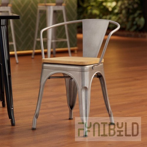 Lancaster Table & Seating Alloy Silver Indoor Arm Chair with Natural Wood Seat