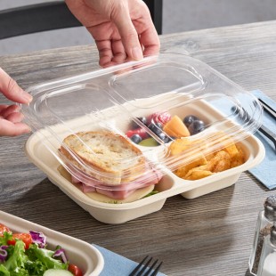 World Centric 29-48 oz. Clear Compostable 3-Compartment PLA Lid - 400/Case World Centric 29-48 oz. Clear Compostable 3-Compartment PLA Lid - 400/Case
