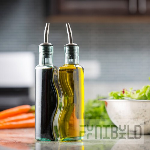 TableCraft Gemelli 8.5 oz. 3-Piece Clear Glass Oil and Vinegar Cruet Set with Stainless Steel Rack - 6/Case