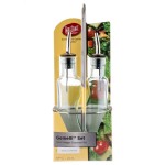 TableCraft Gemelli 8.5 oz. 3-Piece Clear Glass Oil and Vinegar Cruet Set with Stainless Steel Rack - 6/Case TableCraft Gemelli 8.5 oz. 3-Piece Clear Glass Oil and Vinegar Cruet Set with Stainless Steel Rack - 6/Case