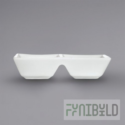 International Tableware Elite 2-Compartment Bright White Porcelain Sauce Dish with 1 oz. Square Wells - 36/Case