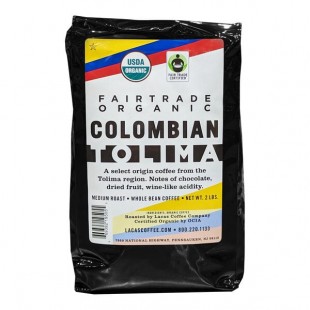 Lacas Coffee Fair Trade Organic Colombian Tolima Whole Bean Coffee 2 lb. - 8/Case Lacas Coffee Fair Trade Organic Colombian Tolima Whole Bean Coffee 2 lb. - 8/Case