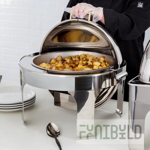 Vollrath 46265 6 Qt. New York, New York Retractable Dripless Round Chafer with Brass Trim