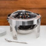 Vollrath 46265 6 Qt. New York, New York Retractable Dripless Round Chafer with Brass Trim Vollrath 46265 6 Qt. New York, New York Retractable Dripless Round Chafer with Brass Trim