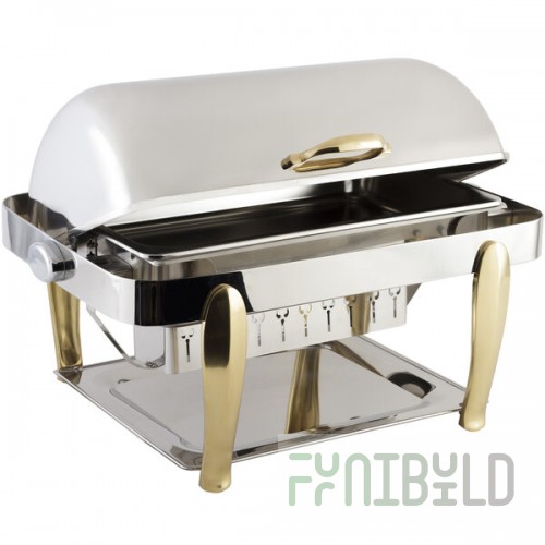 Bon Chef 10040 Manhattan 8 Qt. Stainless Steel with Brass Accents Roll Top Chafer with Vented Lid