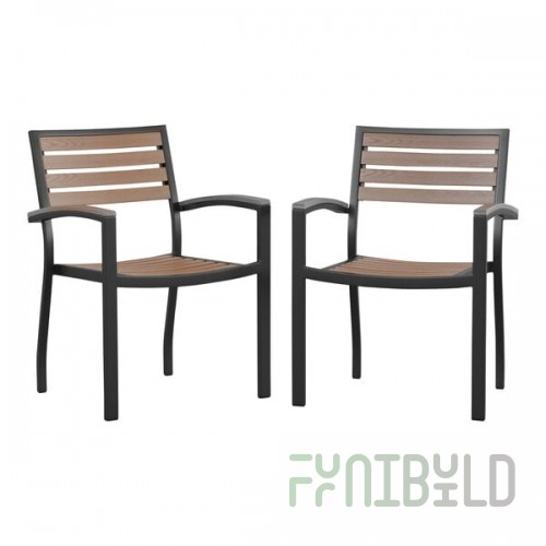 Flash Furniture Lark Natural Faux Teak Slat Stackable Arm Chair - 2/Set