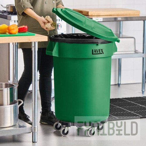 Lavex 32 Gallon Green Round Commercial Trash Can with Lid and Dolly