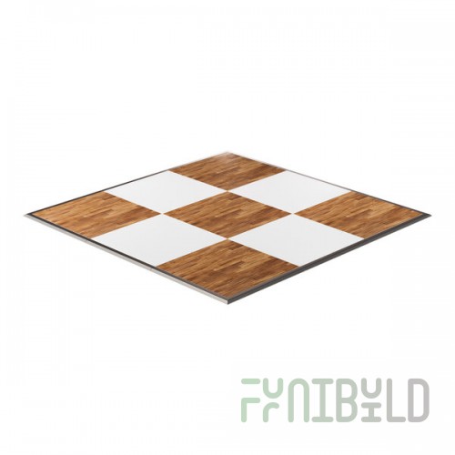 California Portable Dance Floor 12' x 12' New England Plank and White Checker Composite Laminate Portable Dance Floor with ADA-Compliant Edging